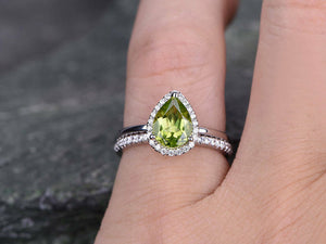 2Ct Pear Cut Green Peridot Bridal Set Halo Engagement Ring 14K White Gold Finish