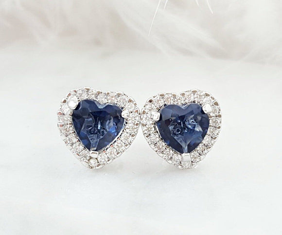 2ct Heart Cut Blue Sapphire Halo Love Stud Women Earrings 14k White Gold Finish