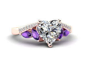 2ct Heart Diamond Art Deco Amethyst Accent Engagement Ring 14k Rose Gold Finish