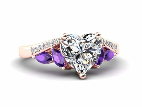 2ct Heart Diamond Art Deco Amethyst Accent Engagement Ring 14k Rose Gold Finish