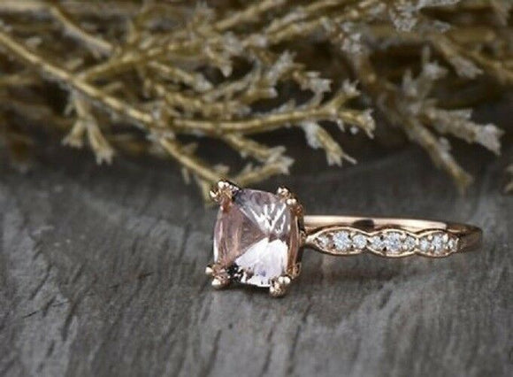 1.5ct Cushion Cut Peach Morganite Engagement Ring 14k Rose Gold Finish Solitaire