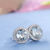 2ct Round Cut Blue Aquamarine Halo Diamond Stud Earrings 14k White Gold Finish