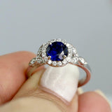 1.5ct Round Cut Blue Sapphire Engagement Ring Halo Floral 14k White Gold Finish