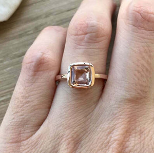 1.2ct Asscher Cut Peach Morganite Engagement Ring Bezel Set 14k Rose Gold Finish