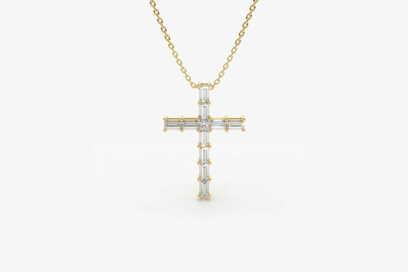 1.2ct Baguette Cut Diamond Holy Cross Pendant with Chain 14k Yellow Gold Finish