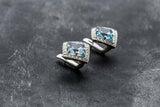 2ct Stud Earrings Asscher Cut Blue Aquamarine Diamond Halo 14k White Gold Finish