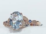 2.5ct Oval Cut Blue Aquamarine Milgrain Leaf Accent Ring 14k Rose Gold Finish