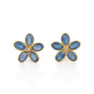 2.2ct Stud Earrings Oval Cut Blue Tanzanite Flower 14k Yellow Gold Finish