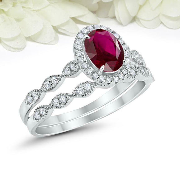 2.5ct Oval Cut Pink Ruby Engagement Ring Bridal Set Halo 14k White Gold Finish