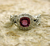 2Ct Cushion Cut Pink Sapphire Vintage Halo Engagement Ring 14K White Gold Finish