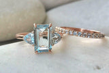 2.7ct Emerald Cut Blue Aquamarine Engagement Ring Bridal Set 14k RoseGold Finish