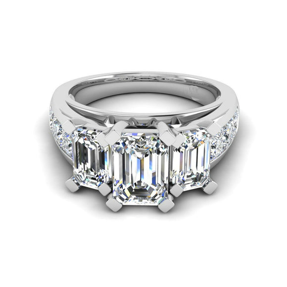 3.3ct Emerald Cut Diamond Trilogy Ring 14k White Gold Over with Princess Accents