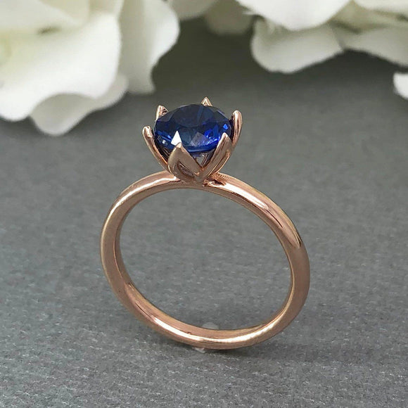 0.5ct Round Cut Blue Sapphire Solitaire Engagement Ring 14k Rose Gold Finish