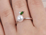 0.3ct Marquise Cut Green Emerald Pearl Leaf Design Ring 14k White Gold Finish