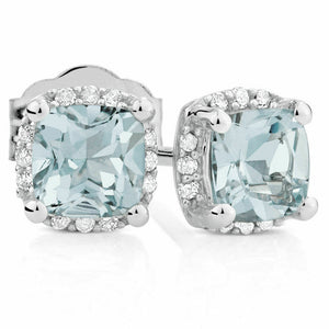 1ct Cushion Cut Blue Aquamarine Halo Stud Women Earrings 14k White Gold Finish