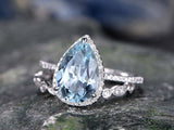 2.7Ct Pear Cut Blue Aquamarine Bridal Set Vintage Band 14K White Gold Finish