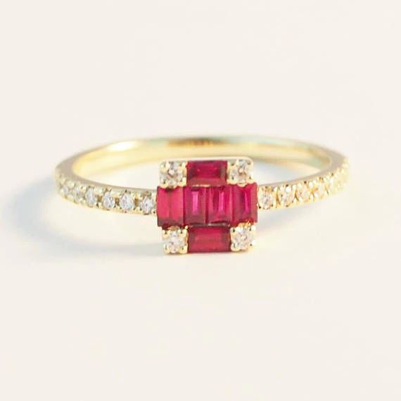 0.7ct Baguette Cut Pink Ruby Dainty Minimalist Women Ring 14k Yellow Gold Finish