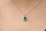 1.2ct Oval Cut Green Emerald Diamond Halo Pendant Chain 14k Yellow Gold Finish