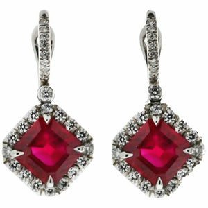 2ct Asscher Cut Pink Ruby Diamond Halo Drop Earrings 14k White Gold Finish