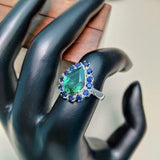 2ct Engagement Ring Pear Cut Green Emerald Blue Sapphire Halo 14k WhiteGold Over