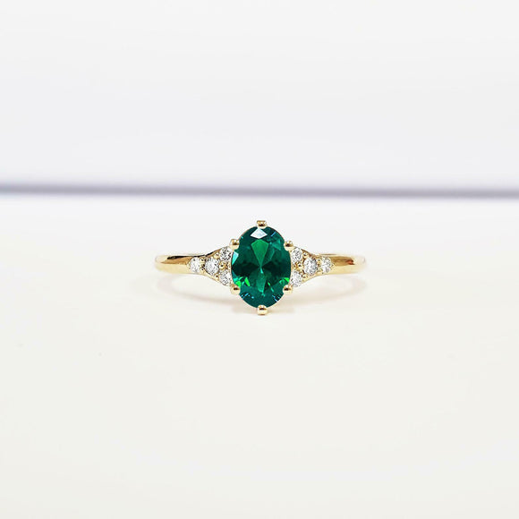 0.5ct Oval Cut Green Emerald Round Diamond Accents Ring 14k Yellow Gold Finish