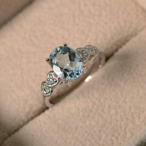 2ct Oval Cut Blue Aquamarine Heart Shape Round Accent Ring 14k White Gold Finish