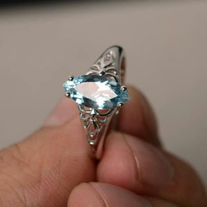 0.5ct Marquise Cut Blue Aquamarine Filigree Engagement Ring 14k WhiteGold Finish