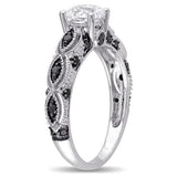 1.7Ct Round Cut Black Diamond Milgrain Engagement Ring 14K White Gold Finish