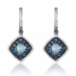 2ct Cushion Simulated Aquamarine Dual Halo Drop Earrings 14k White Gold Plated