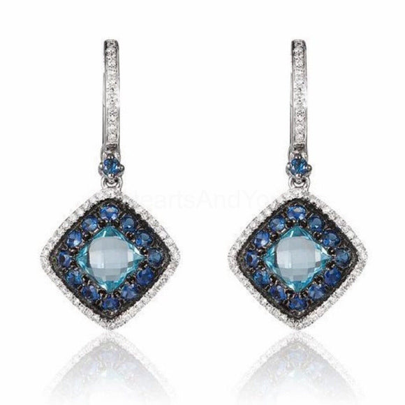 2ct Cushion Simulated Aquamarine Dual Halo Drop Earrings 14k White Gold Plated