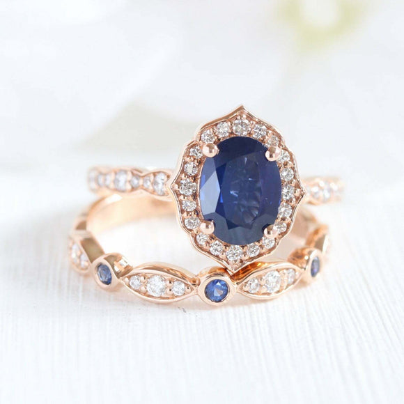 2.6ct Oval Cut Blue Sapphire Vintage Floral Bridal Set Ring 14k Rose Gold Finish