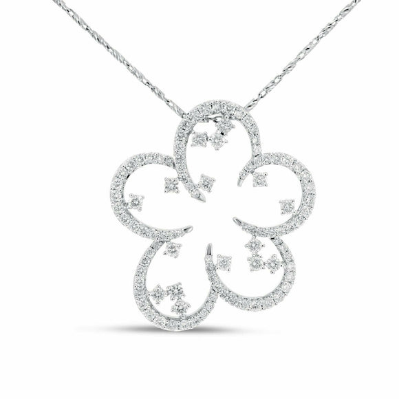 2ct Diamond Pendant Chain Round Cut Brilliant Open Flower 14k White Gold Finish