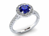 1.5ct Round Cut Blue Sapphire Engagement Ring Halo Diamond 14k White Gold Finish