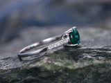 1.3Ct Oval Cut Green Emerald Diamond Accent Engagement Ring 14K White Gold Over