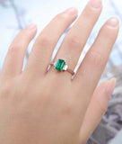 2ct Green Emerald Cut Engagement Ring Baguette Accent Trilogy 14k WhiteGold Over