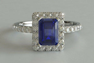 2ct Emerald Cut Blue Sapphire Engagement Ring Accents Halo 14k White Gold Finish