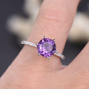 1Ct Round Cut Purple Amethyst Solitaire Engagement Ring 18K White Gold Finish