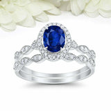 2.5ct Oval Cut Blue Sapphire Engagement Ring Bridal Set Halo 14k White Gold Over