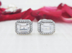 1.6ct Emerald Cut Simulated Diamond Halo Stud Earrings 14k White Gold Plated