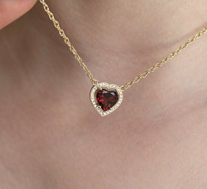 1.2ct Heart Cut Red Garnet Diamond Halo Pendant 14k Yellow Gold Finish NO CHAIN