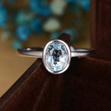 1ct Oval Blue Aquamarine Engagement Ring Bezel Set Solitaire 14k White Gold Over