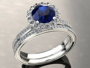 2.7ct Round Cut Blue Sapphire Engagement Ring Bridal Set Halo 14k WhiteGold Over