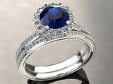 2.7ct Round Cut Blue Sapphire Engagement Ring Bridal Set Halo 14k WhiteGold Over