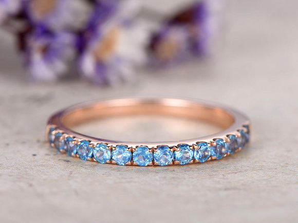 1.5ct Round Cut Blue Topaz Wedding Band Ring Half Eternity 14k Rose Gold Finish