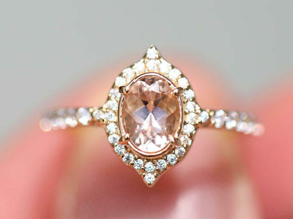 2ct Engagement Ring Oval Cut Peach Morganite Diamond Halo 14k Rose Gold Finish