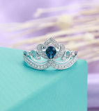 2ct Pear Cut Blue Sapphire Princess Crown Engagement Ring 14k White Gold Finish