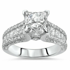 4Ct Princess Cut DVVS1 Diamond Iced Accent Engagement Ring 14K White Gold Finish