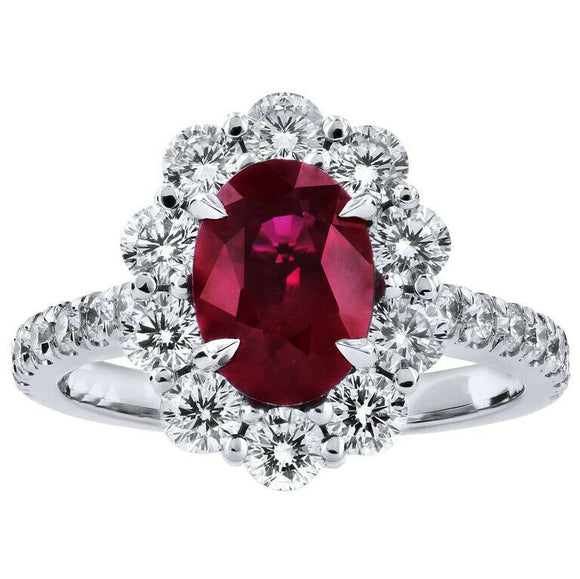 2ct Oval Cut Pink Ruby Engagement Ring Diamond Halo 14k White Gold Finish