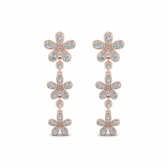 1ct Round Cut VVS1 Diamond Flower Drop Earring Women 14k White Rose Gold Finish