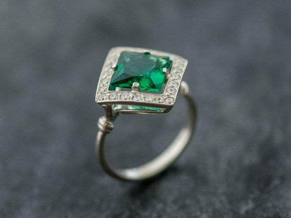 2ct Engagement Ring Princess Cut Green Emerald Diamond Halo 14k White Gold Over